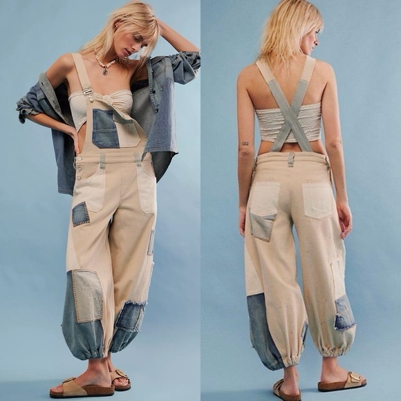Free People Pants - Free People Patchwork Overalls in Cream and Blue